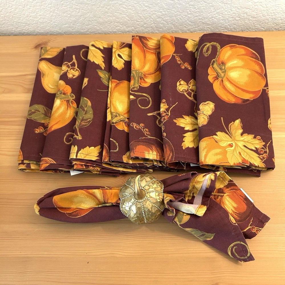 Fall Pumpkin Cotton Blend Napkin Set Of 8 18" Burgundy Xmas Thanksgiving Dinner